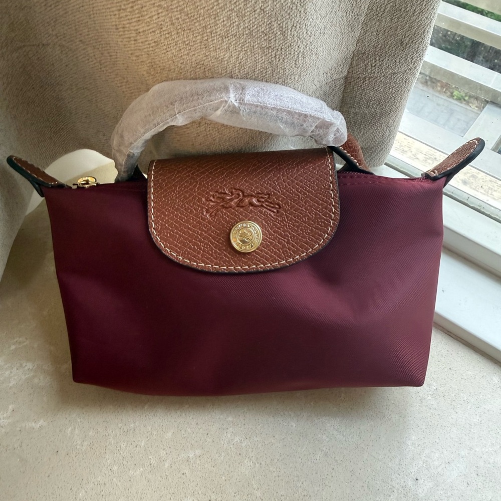 Longchamp Mini Bag in Burgundy with Brown Flap